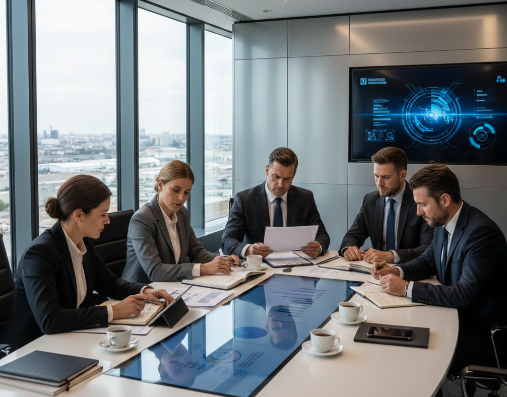Directivos de empresas industriales revisando reportes financieros detallados en una sala de juntas moderna