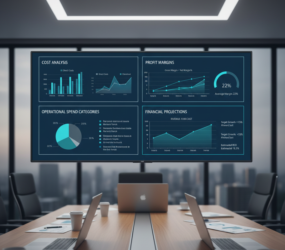 Dashboard de contabilidad de gestión mostrando análisis de costos, márgenes y proyecciones financieras