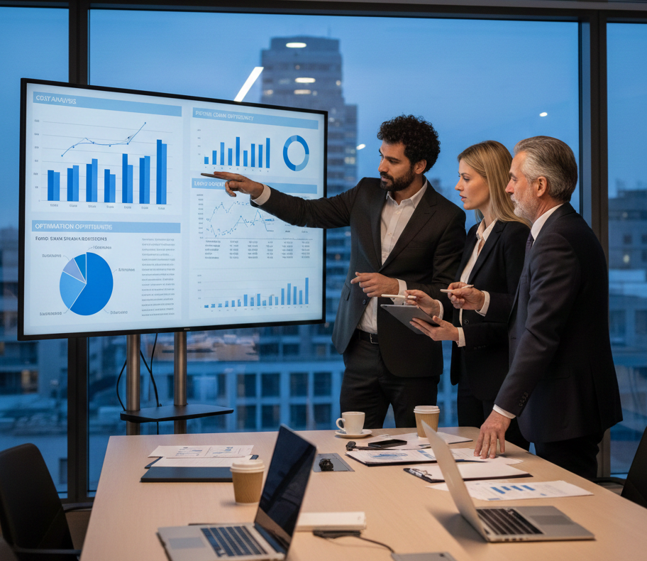 Profesionales analizando datos de costos y márgenes para identificar oportunidades de optimización